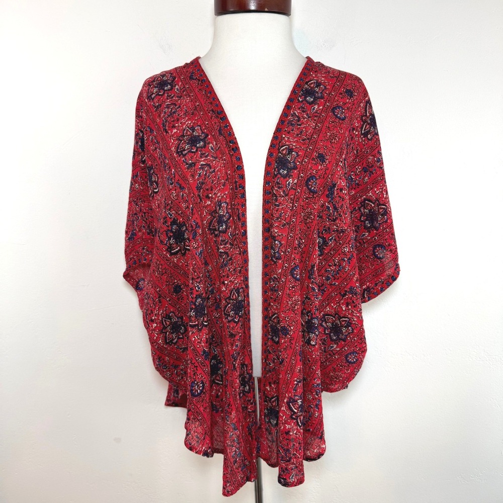 Braeve Boho Floral Kimono Cardigan Crochet Trim Red Open Front Festival Cover Up